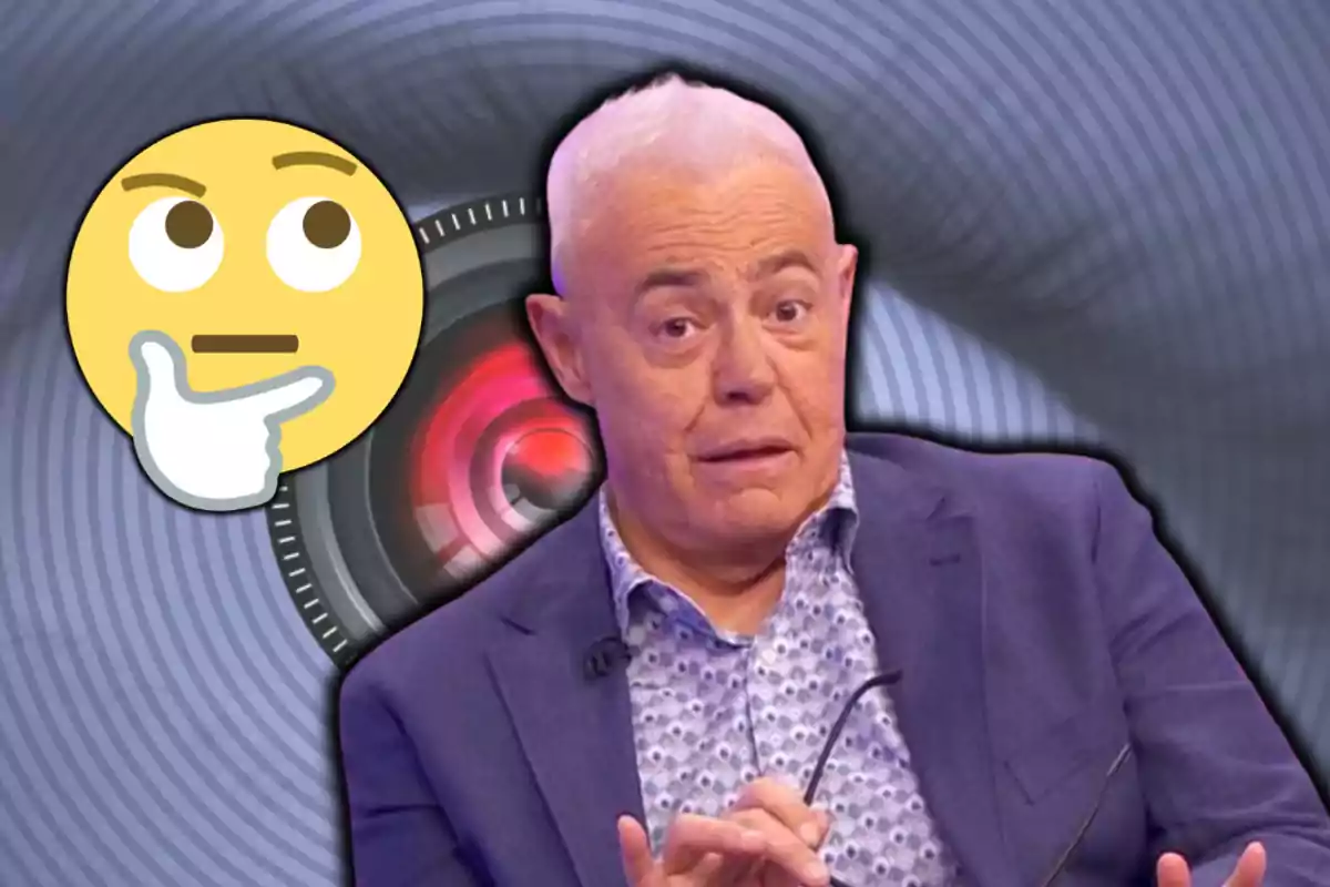 Un home amb expressió pensativa al costat d'un emoji de cara pensativa i un fons amb un disseny d'ull i càmera.