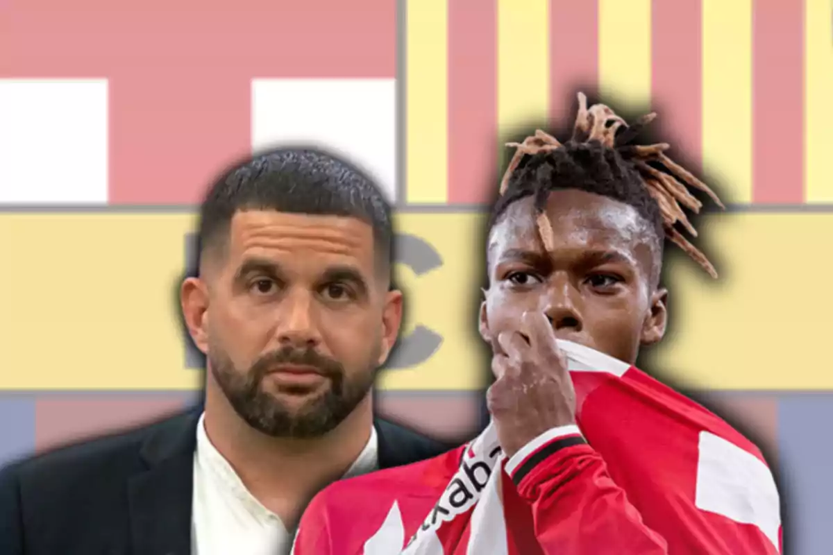 José Álvarez y Nico Williams con el escudo del Barça de fondo