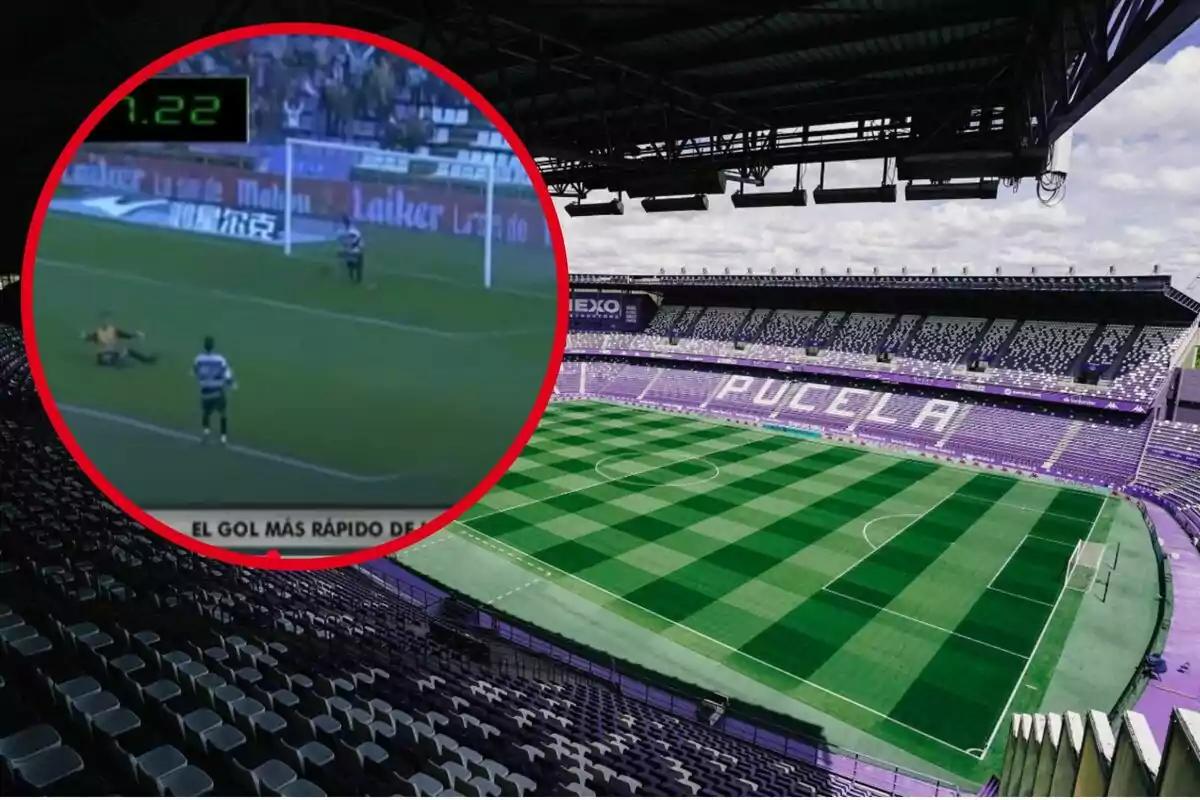 Un estadi de futbol buit amb seients morats i verds, amb un cercle vermell que mostra una escena d'un gol ràpid en un partit.