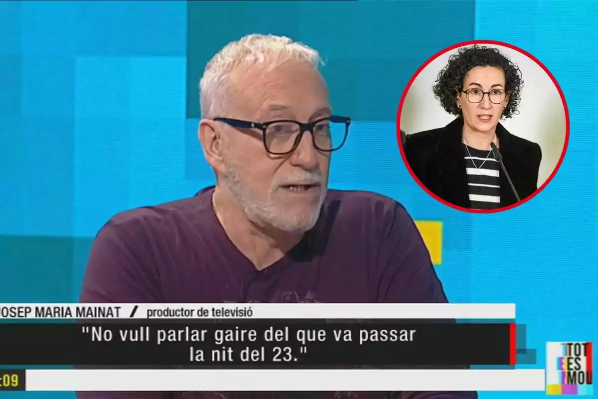 Un home amb ulleres i barba blanca apareix en una entrevista televisiva, amb un requadre que mostra una dona amb ulleres i cabell arrissat a la cantonada superior dreta.