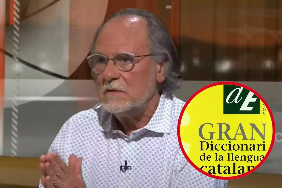 Un home amb ulleres i barba canosa, vestit amb una camisa blanca amb patrons, apareix a una entrevista televisiva; a la cantonada inferior dreta de la imatge es mostra una portada del "Gran Diccionari de la Llengua Catalana".