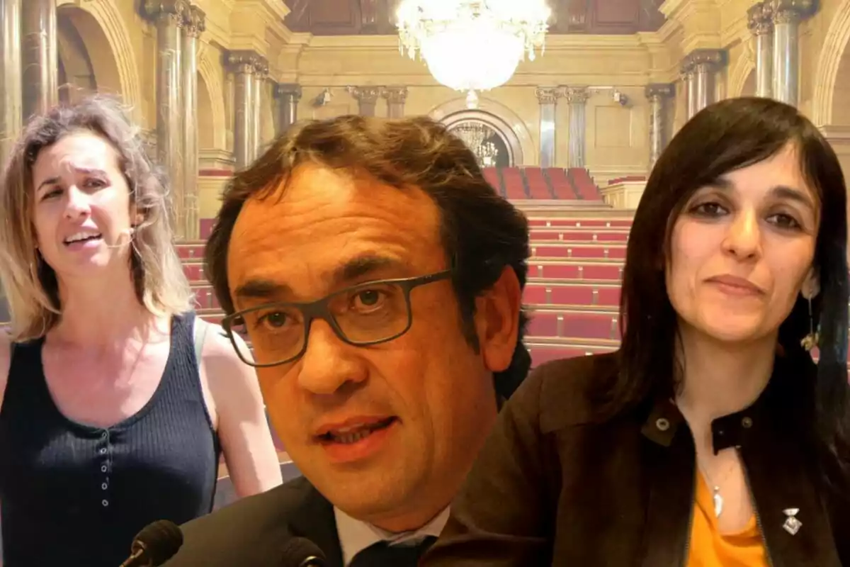 Muntatge amb imatge de l'interior del Parlament de fons. A primer terme i d'esquerra a dreta, Laia Estrada, Josep Rull i Sílvia Orriols