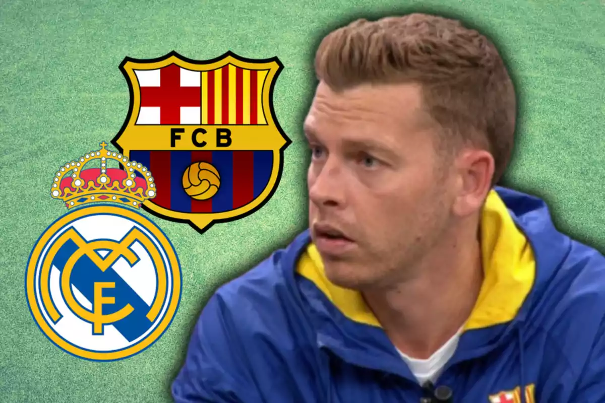 Jota Jordi y los escudos de Barça y de Real Madrid
