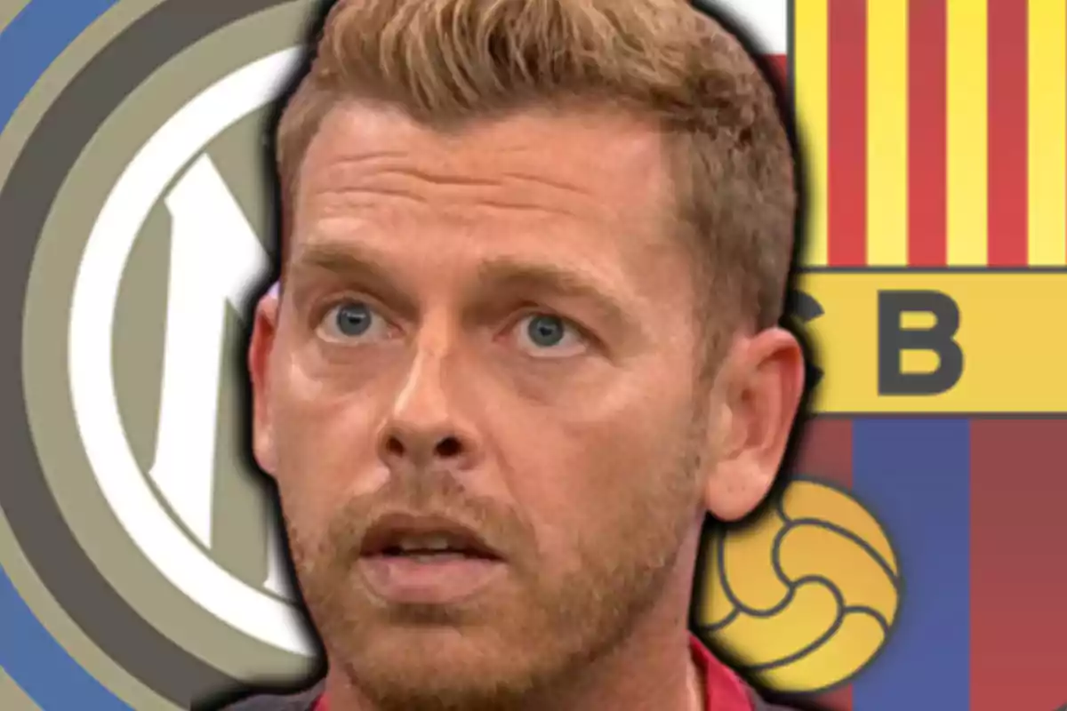 Jota Jordi i els escuts de l'Inter de Milà i el FC Barcelona