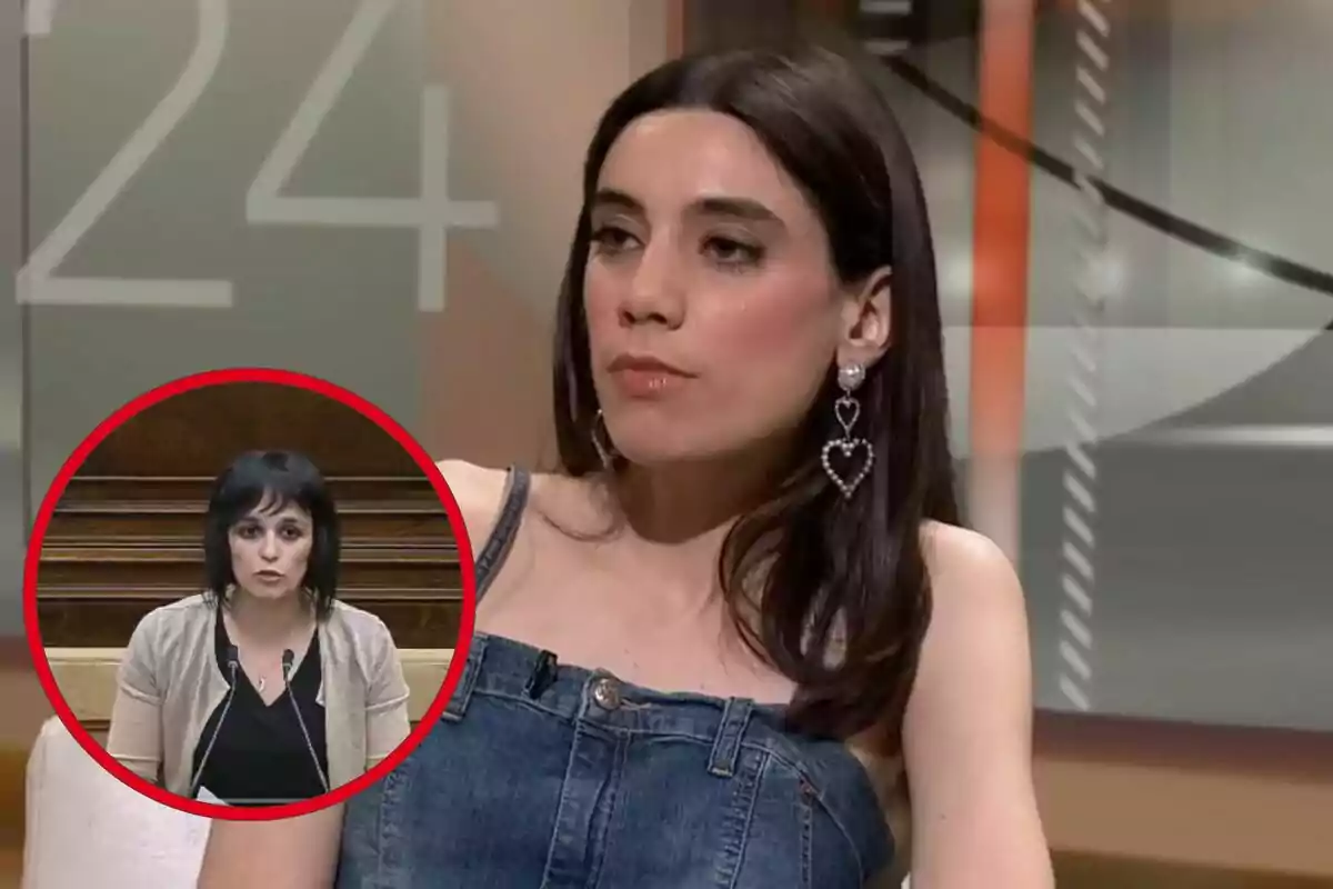 Dona amb arracades de cor en una entrevista, amb una imatge inserida d'una altra dona parlant en un podi.