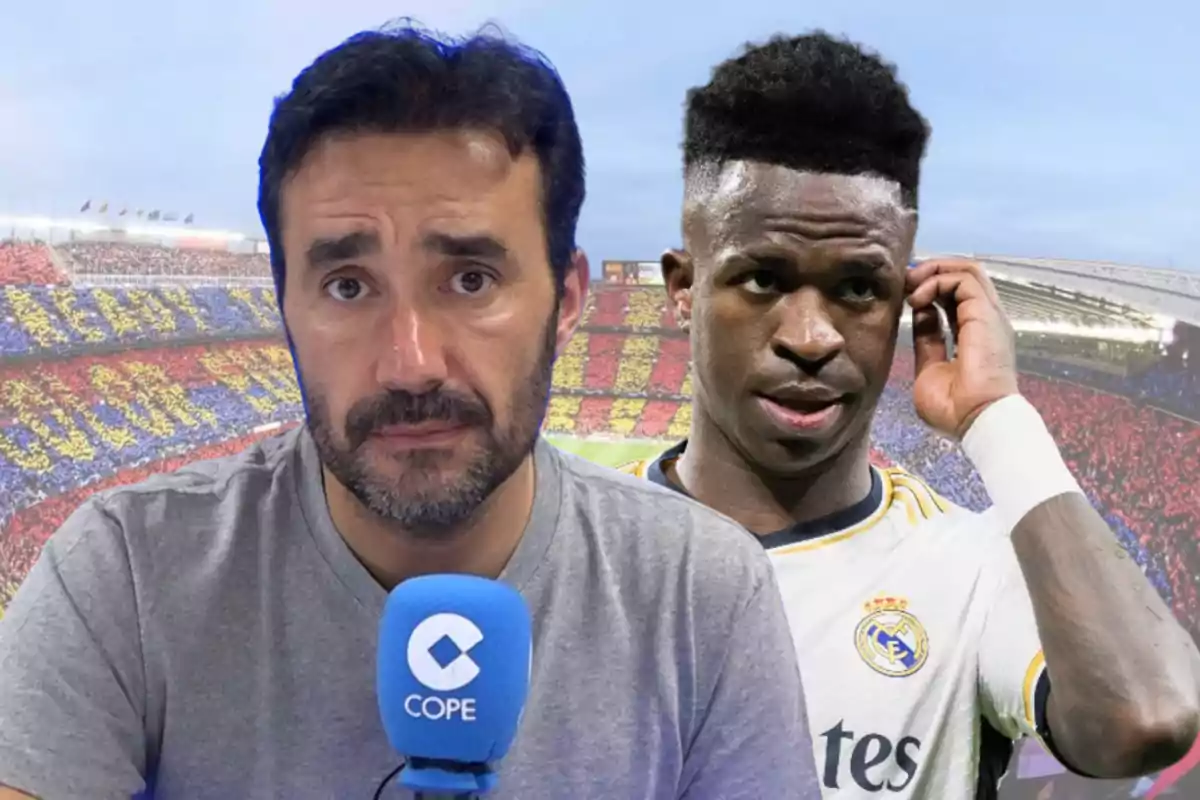 Un home amb un micròfon de l'emissora COPE i un jugador de futbol amb l'uniforme del Reial Madrid estan davant d'un estadi ple d'espectadors.
