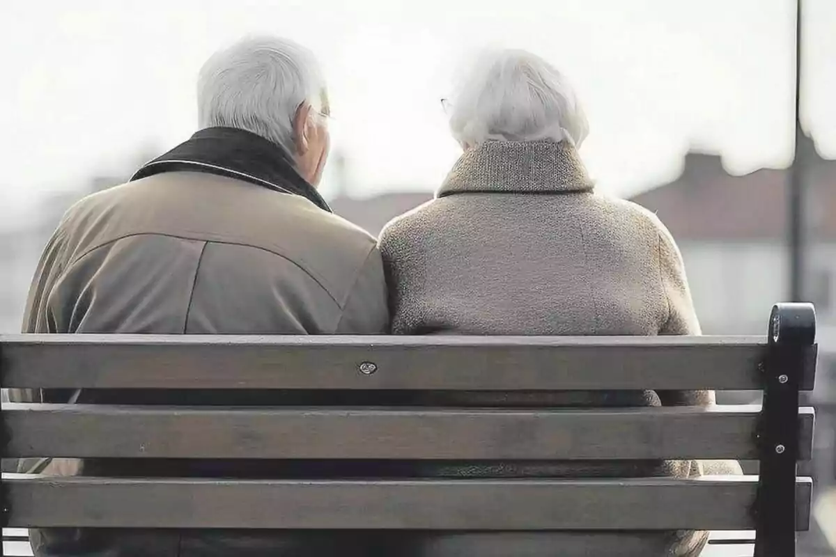 Dos personas mayores sentadas en un banco al aire libre, vistas desde atrás.