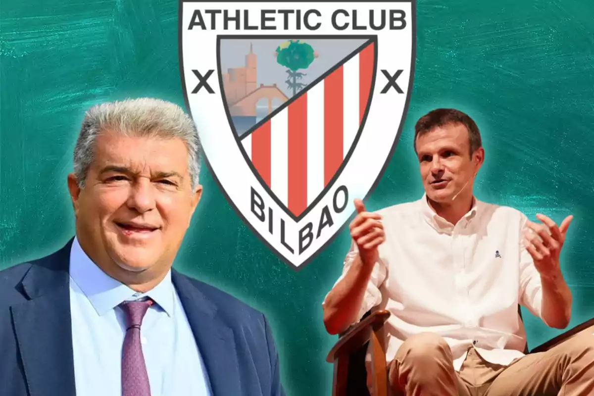 Dos homes davant d'un escut de l'Athletic Club de Bilbao.