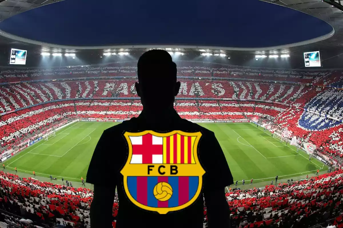 Muntatge amb l'estadi del Bayern Munic, i una ombra al centre amb l'escut del FC Barcelona