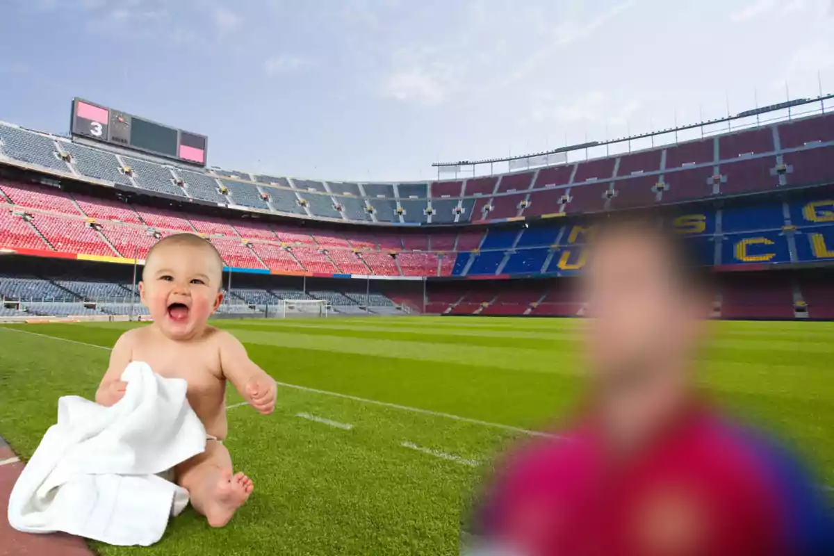 Muntatge amb una imatge del Camp Nou Spotify. A la dreta, una imatge borrosa amb un jugador del Barça. A l'esquerra una imatge amb un nadó rient