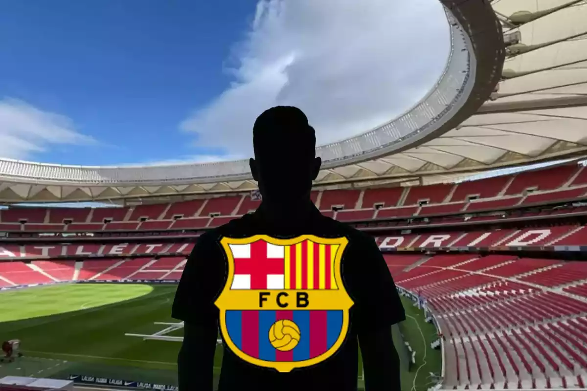 Muntatge amb l'Estadi Metropolità i una ombra negra al centre amb l'escut del FC Barcelona