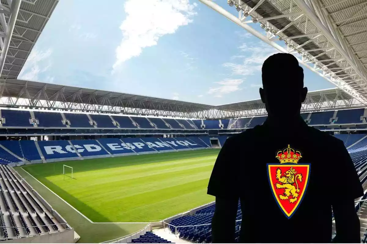 Muntatge amb una imatge de l'estadi del RCD Espanyol ia la dreta l'ombra d'un home i dins l'ombra l'escut del Real Zaragoza