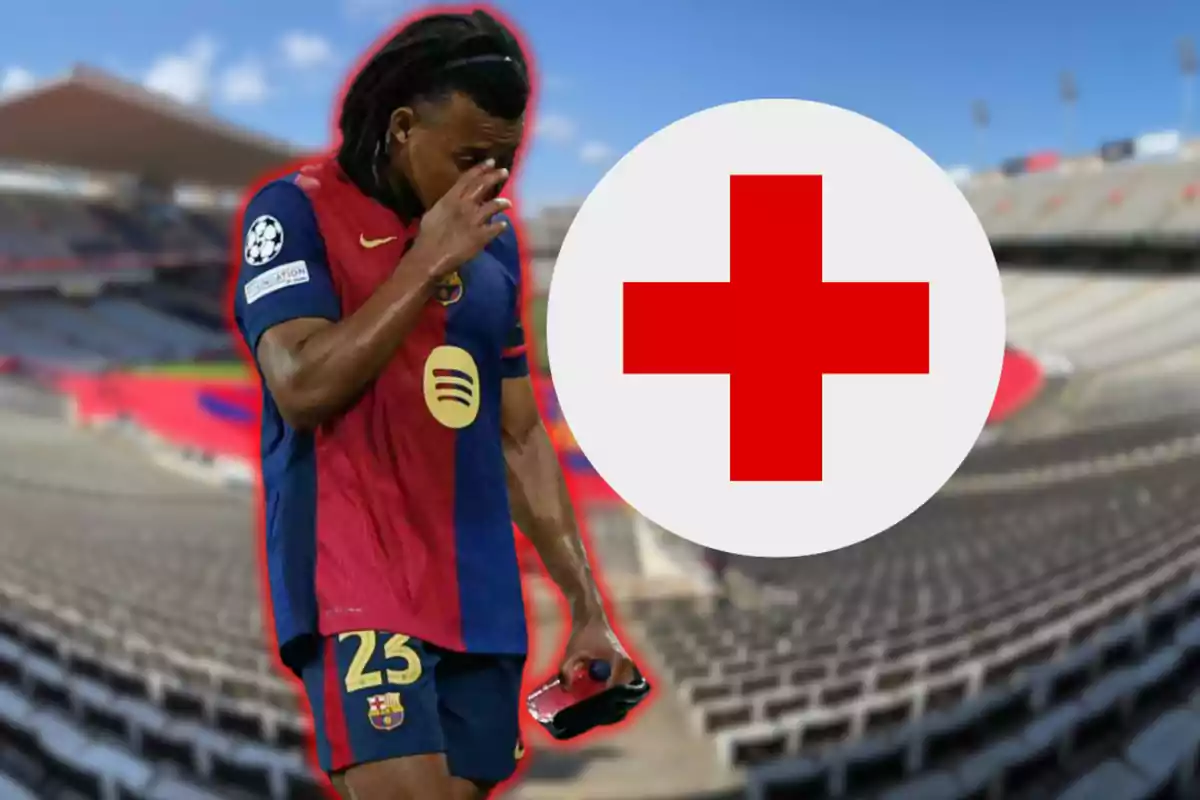 Jugador de fútbol con uniforme del Barcelona en un estadio con un símbolo de cruz roja superpuesto.