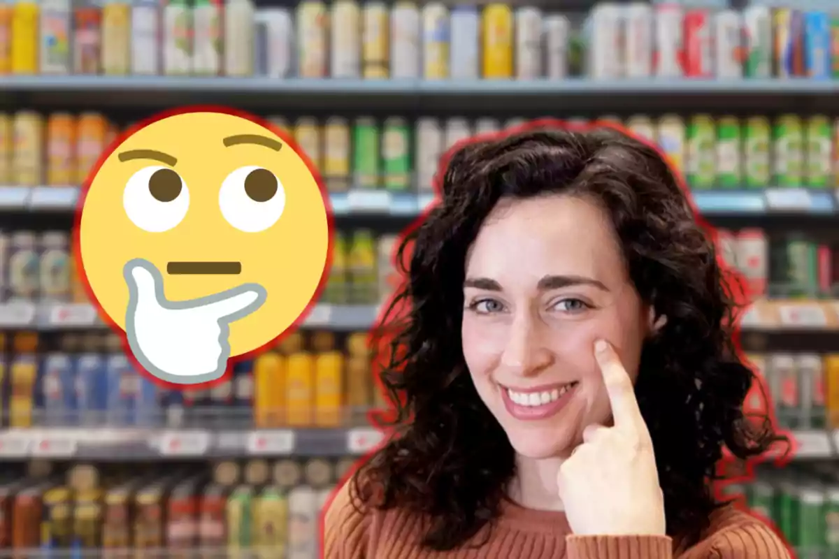 Una dona somrient en un supermercat amb un emoji pensatiu superposat.