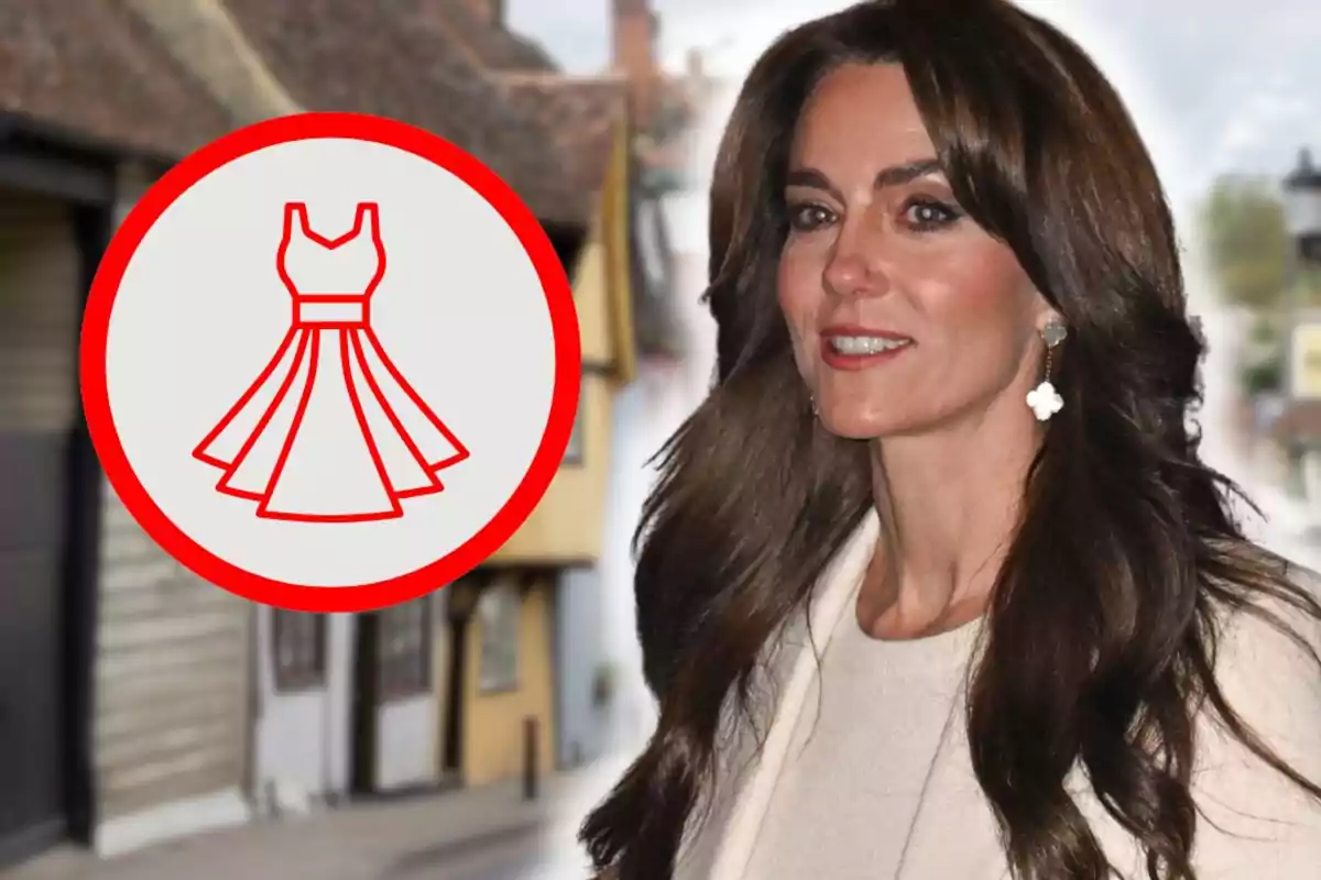 Dona de cabell llarg i fosc amb arracades de flor blanca, al fons un carrer i una il·lustració d’un vestit vermell dins d’un cercle.