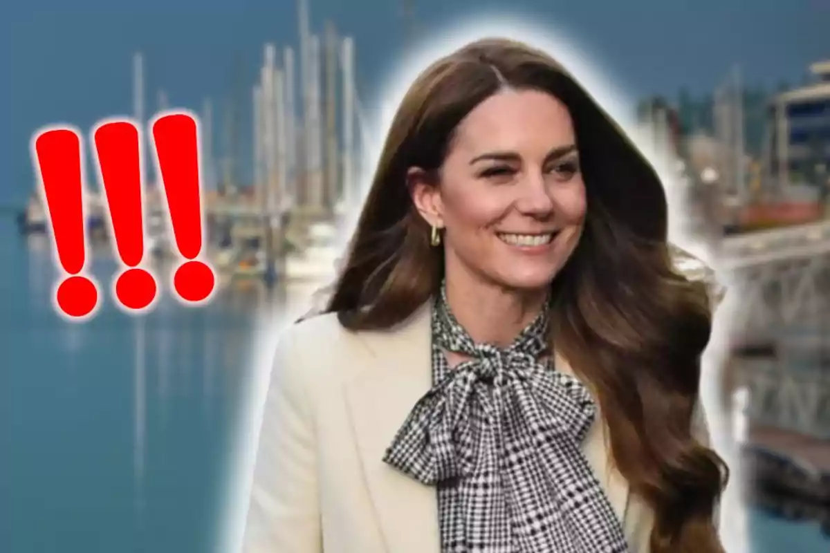 Smiling woman with long, loose hair, wearing a bow around her neck, a harbor with boats in the background, and three red exclamation marks on the left