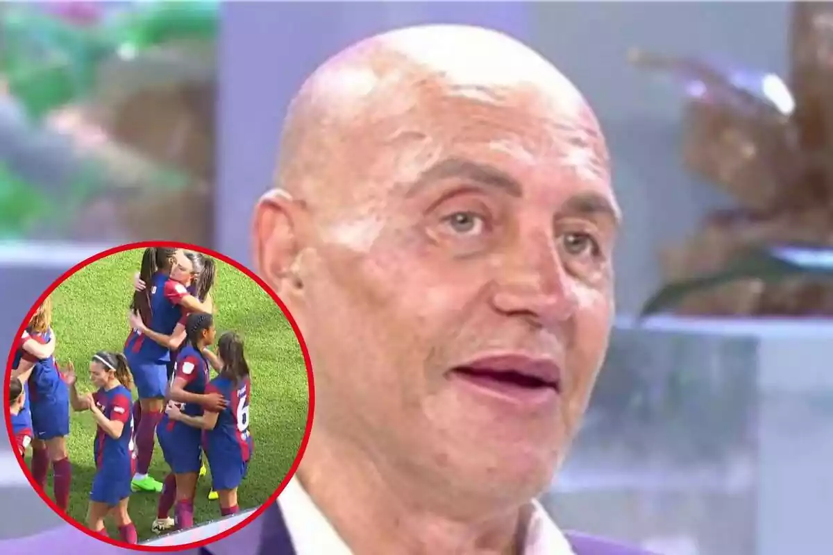Muntatge amb una imatge de Kiko Matamoros en un plat de televisió ia la cantonada inferior esquerra, dins d'un cercle, jugadores del FC Barcelona celebrant un gol