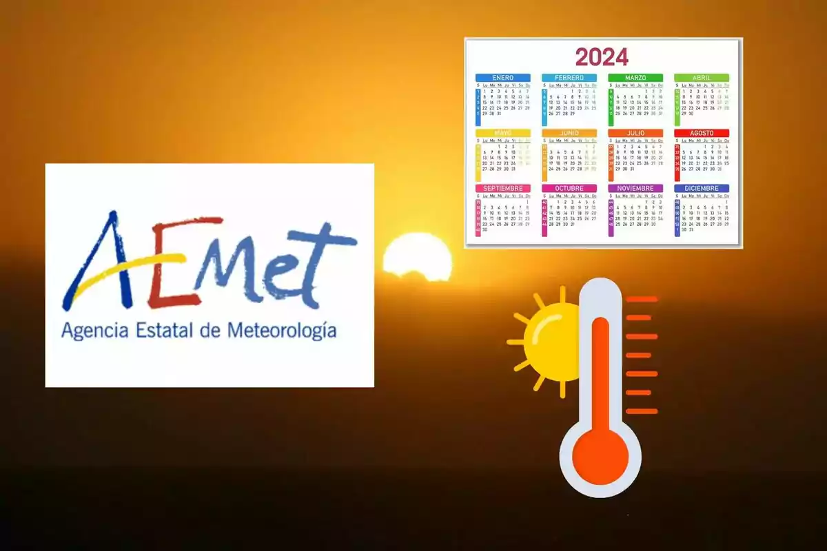 Imatge amb el logotip de l´Agència Estatal de Meteorologia, un calendari de l´any 2024 i una icona d´un termòmetre amb un sol sobre un fons de capvespre.