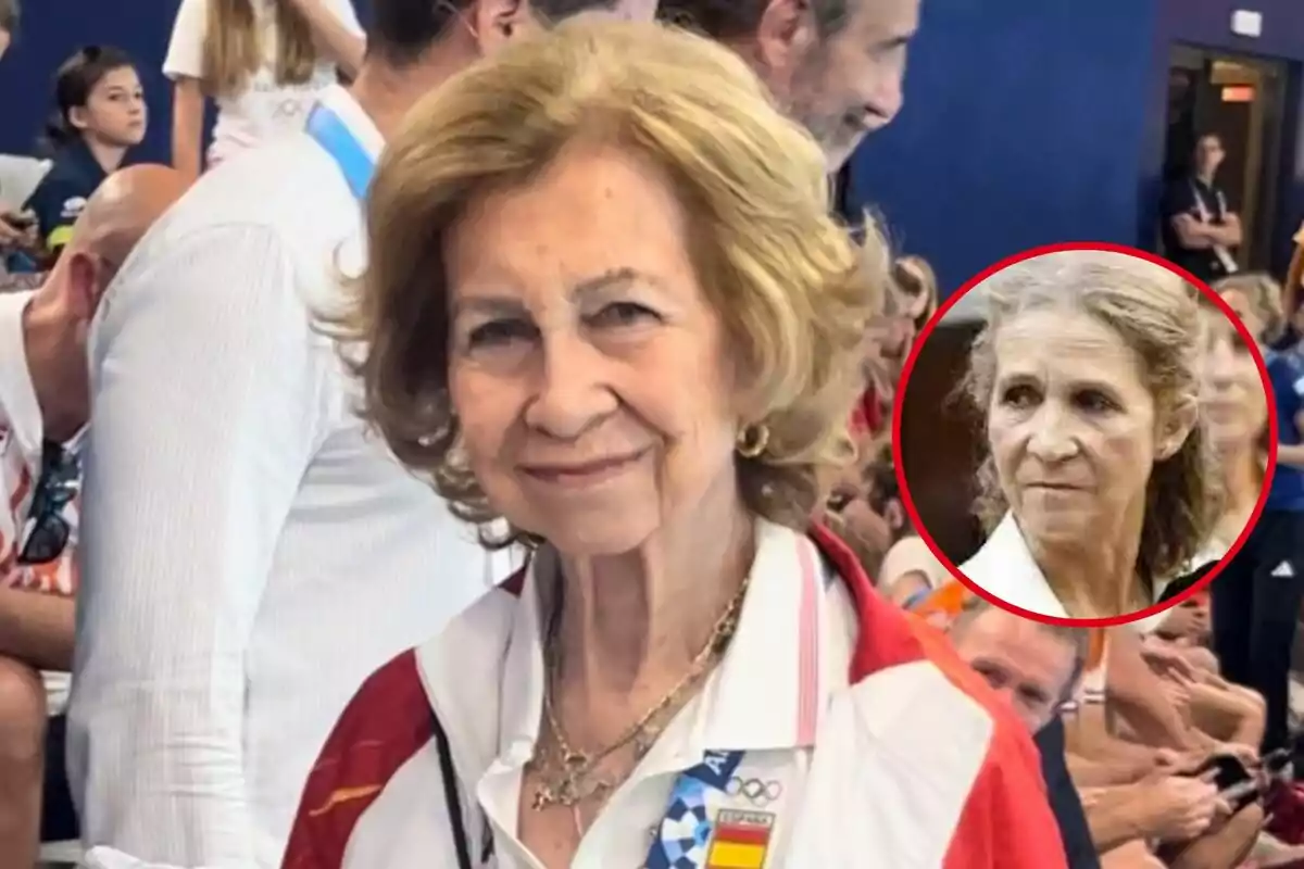 Una dona gran somriu a la càmera en un esdeveniment esportiu, mentre que en un cercle vermell es mostra una altra dona gran amb una expressió seriosa.