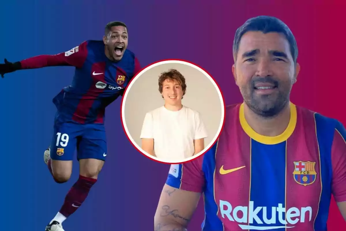 Jugadores del FC Barcelona con uniforme del equipo y una persona en el centro con camiseta blanca.