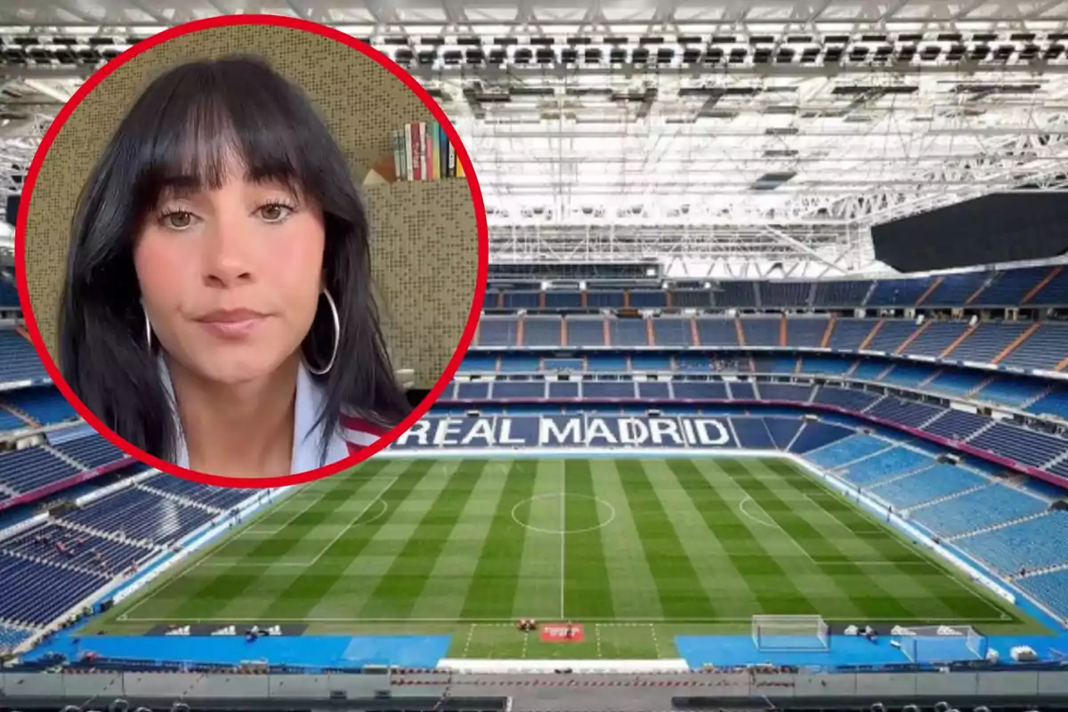 Una mujer con cabello oscuro y flequillo, usando aretes grandes, aparece en un círculo rojo superpuesto sobre una imagen del estadio del Real Madrid.