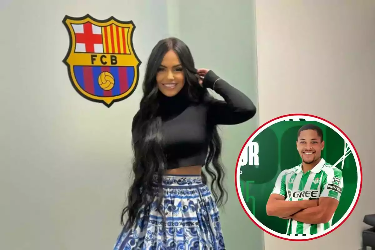 Una mujer con cabello largo y oscuro posa frente al escudo del FC Barcelona, mientras que en la esquina inferior derecha hay una imagen circular de un hombre con el uniforme del Real Betis.