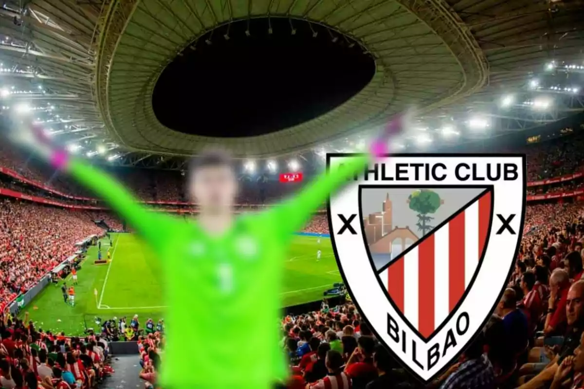 Un estadi de futbol ple d'aficionats amb un jugador desenfocat celebrant i l'escut de l'Athletic Club Bilbao en primer pla.