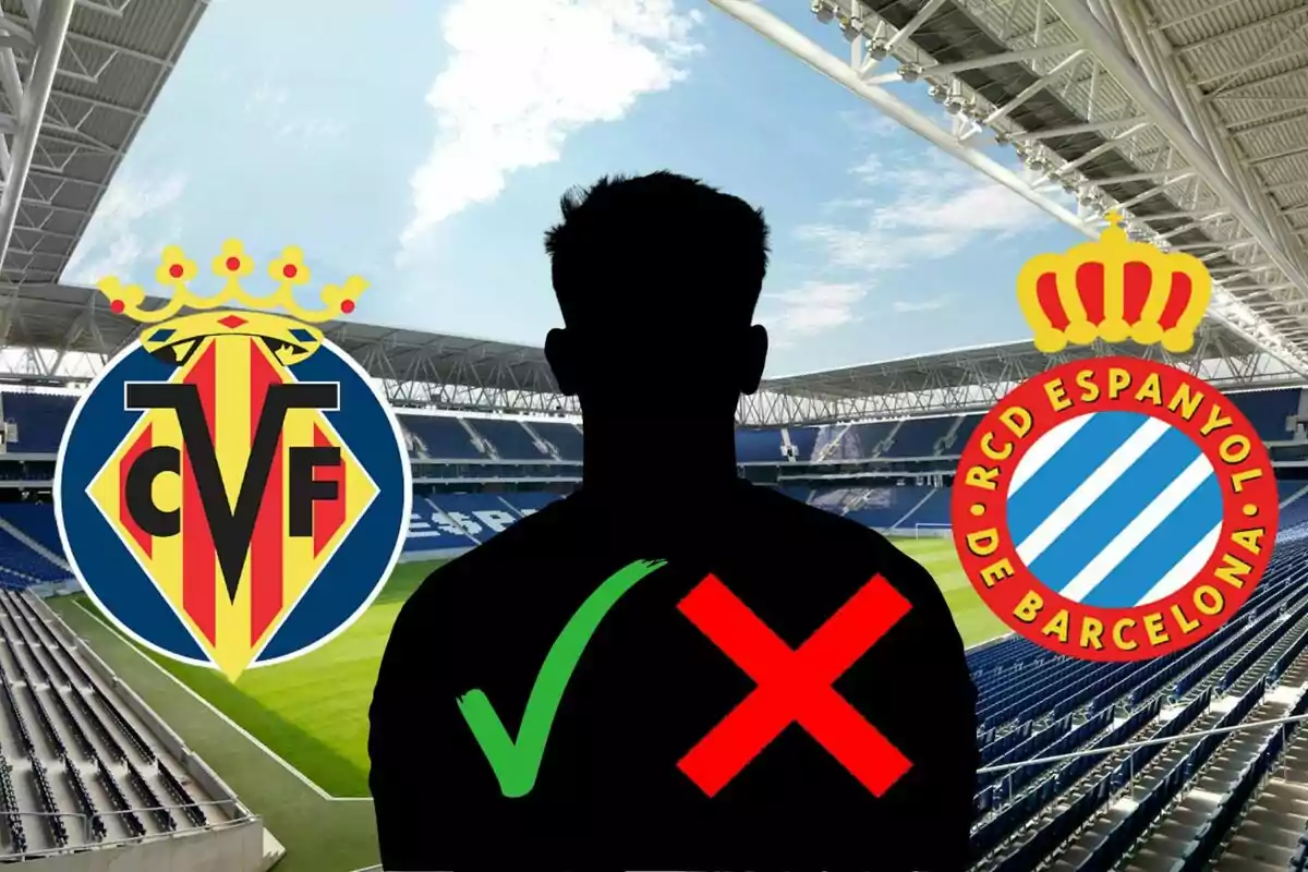 Una silueta de una persona en un estadio de fútbol con el escudo del Villarreal CF a la izquierda y el escudo del RCD Espanyol a la derecha, con una marca de verificación verde y una cruz roja sobre la silueta.