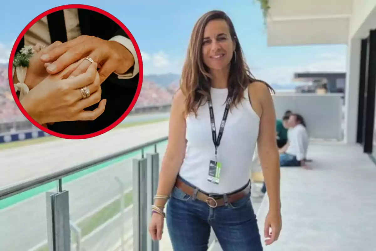 Montaje con una imagen de Laia Ferrer durante un reportaje. A la izquierda una imagen de una pareja de novios durante su boda