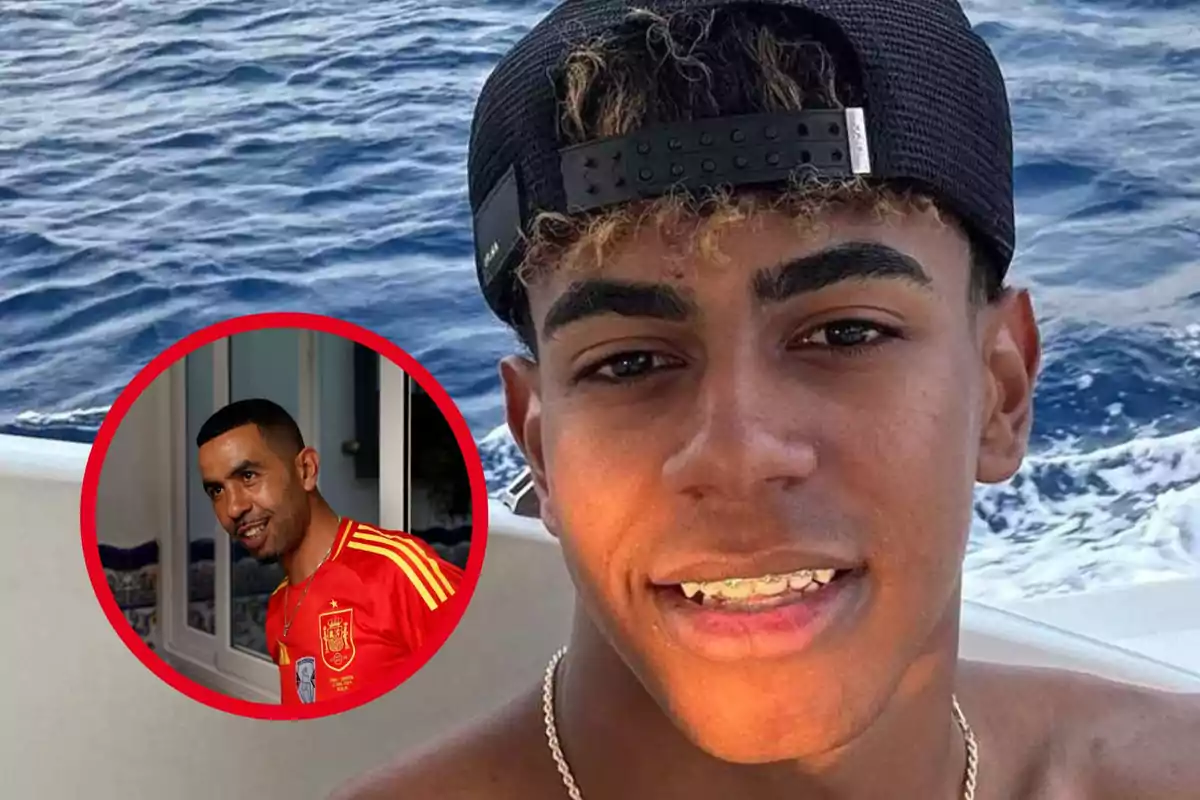 Un joven con gorra negra y cadena de oro sonríe en un bote con el mar de fondo, con una imagen insertada de un hombre con camiseta roja dentro de un círculo rojo.