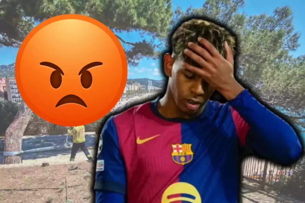 Un futbolista del Barcelona amb un gest de frustració i una cara d’enfadament gegant sobre un fons de parc amb arbres
