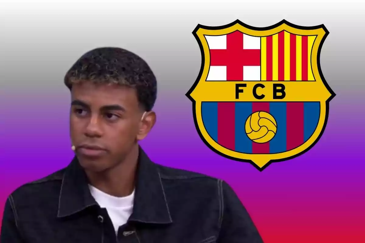 Un joven con chaqueta negra y camiseta blanca, con un micrófono en la oreja, aparece junto al escudo del FC Barcelona sobre un fondo degradado de gris a morado.