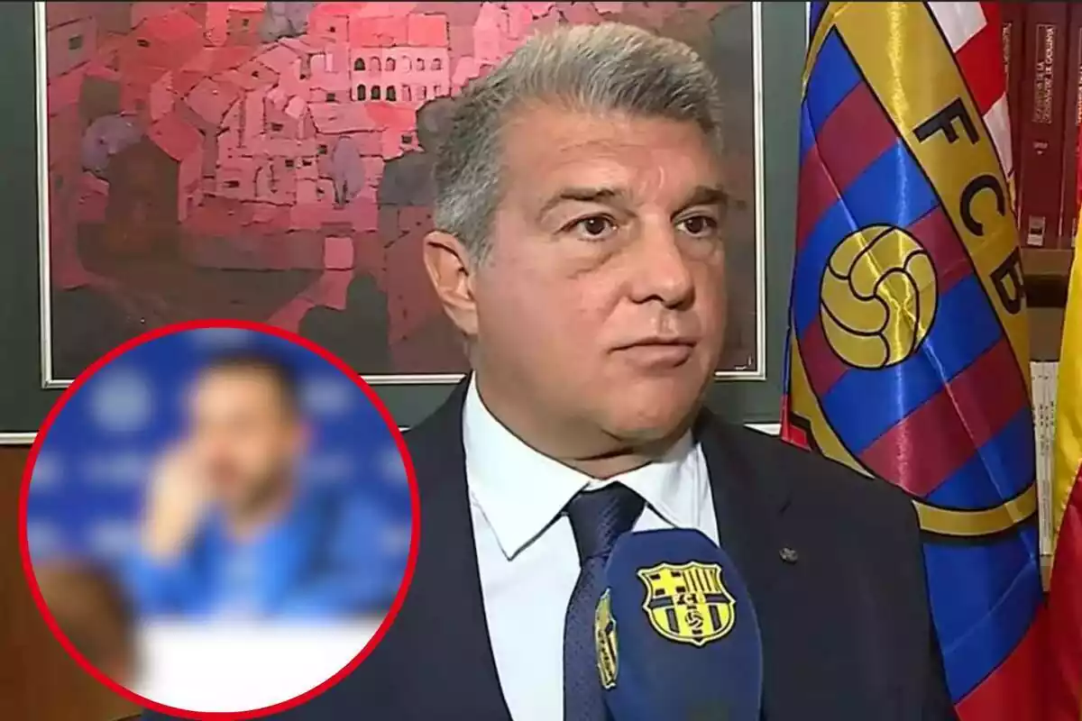 Muntatge amb una imatge de Joan Laporta parlant davant d'un micròfon de Barça TV. A la cantonada inferior esquerra, dins d'un cercle i difuminat, l'entrenador analitzat a la notícia