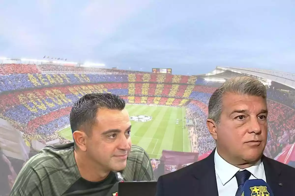 Joan Laporta i Xavi Hernández amb el Camp Nou de fons