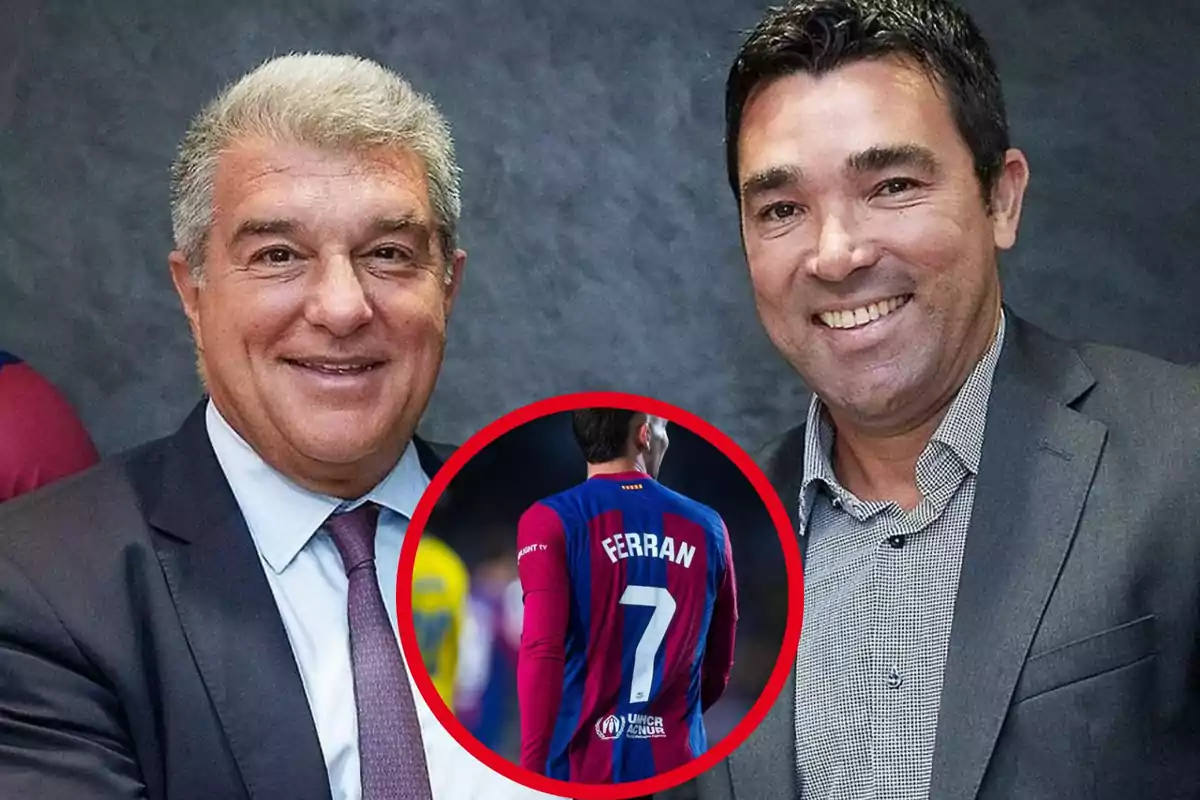 Dos hombres sonrientes en traje con una imagen circular en el centro de un jugador de fútbol con la camiseta número 7 y el nombre "Ferran" en la espalda.