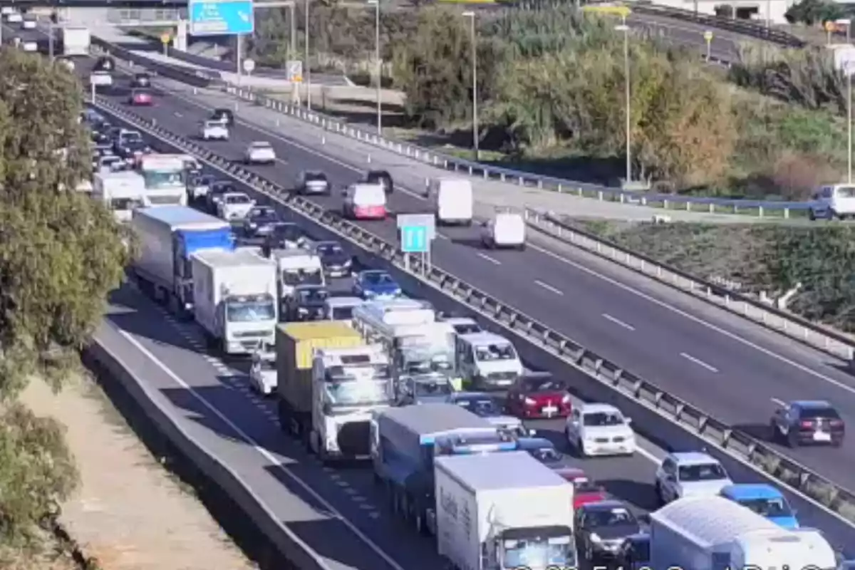 Tráfico denso en una autopista con varios carriles llenos de vehículos y camiones bajo un cielo despejado.