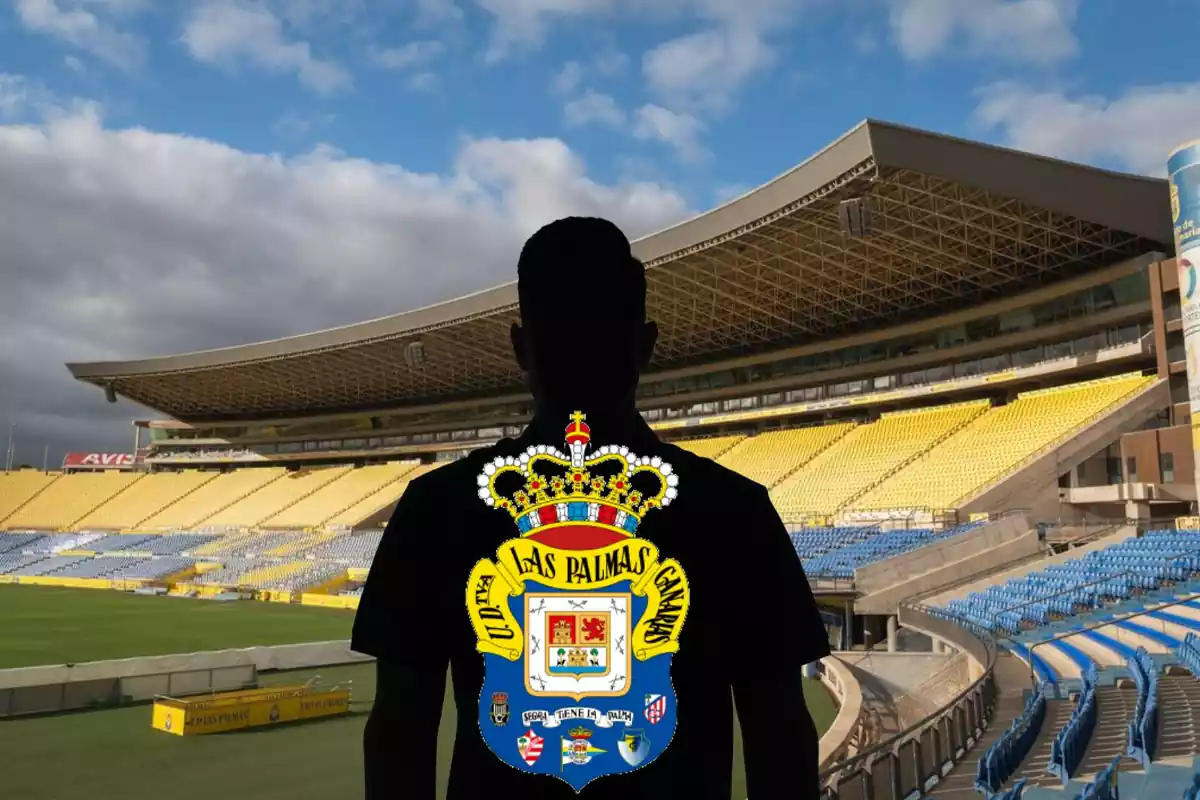 Muntatge amb l'estadi de Gran Canària i una ombra negra al centre amb l'escut de la UD Las Palmas
