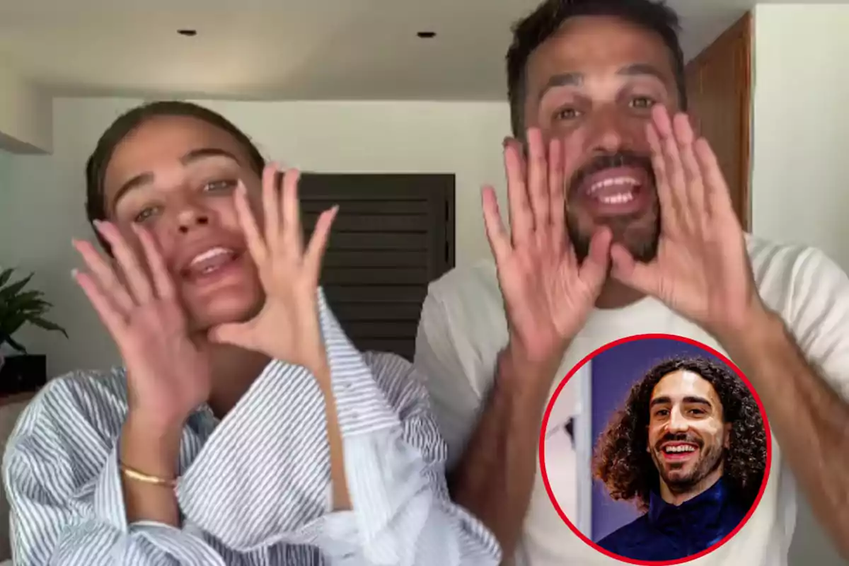 Montaje con una imagen de Laura Escanes y Nacho Martínez durante un vídeo en Instagram. A la derecha una imgen de Marc Cucurella durante una entrevista