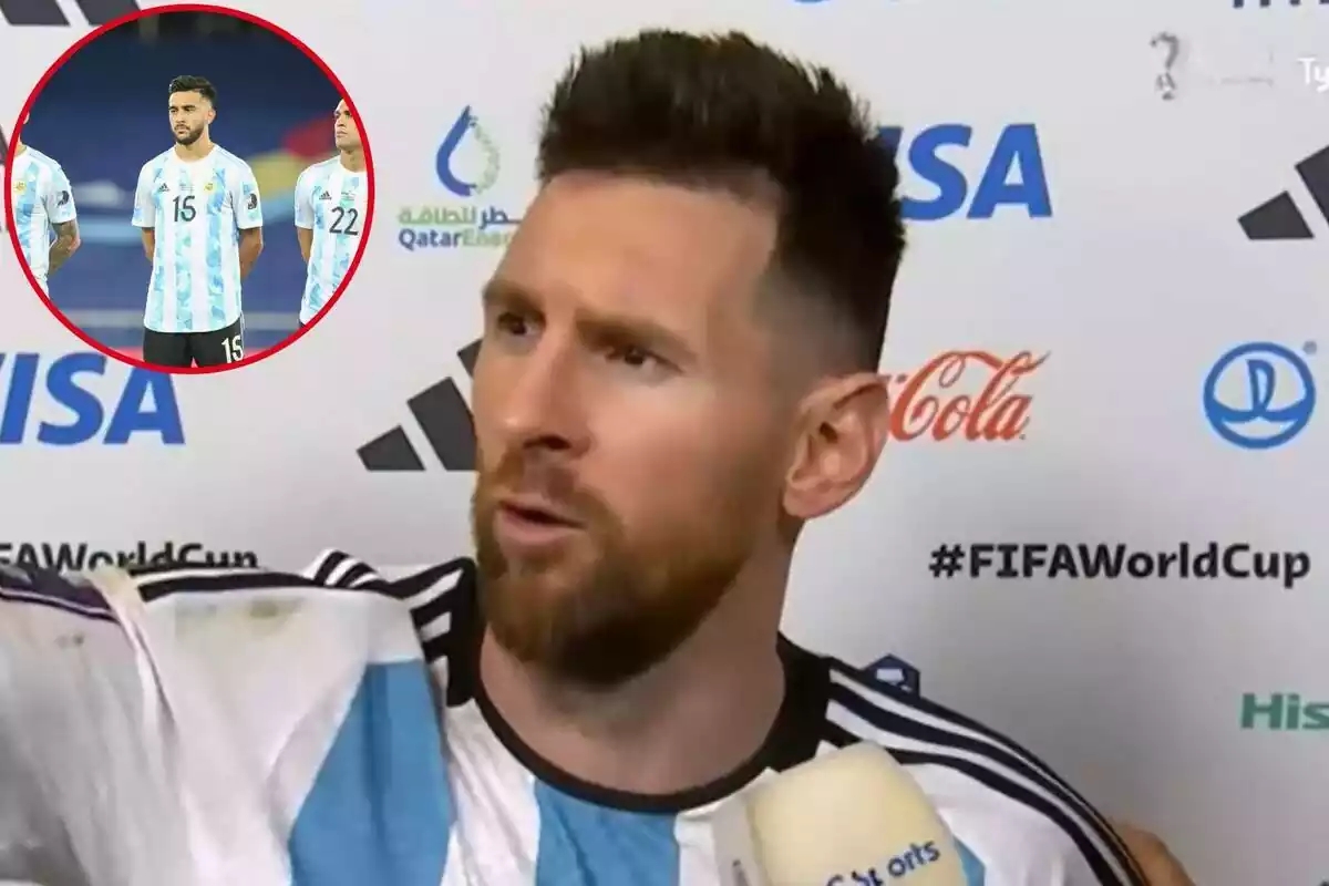 Muntatge amb Leo Messi atenent la premsa en primer terme. A la cantonada superior esquerra diversos jugadors de la selecció argentina