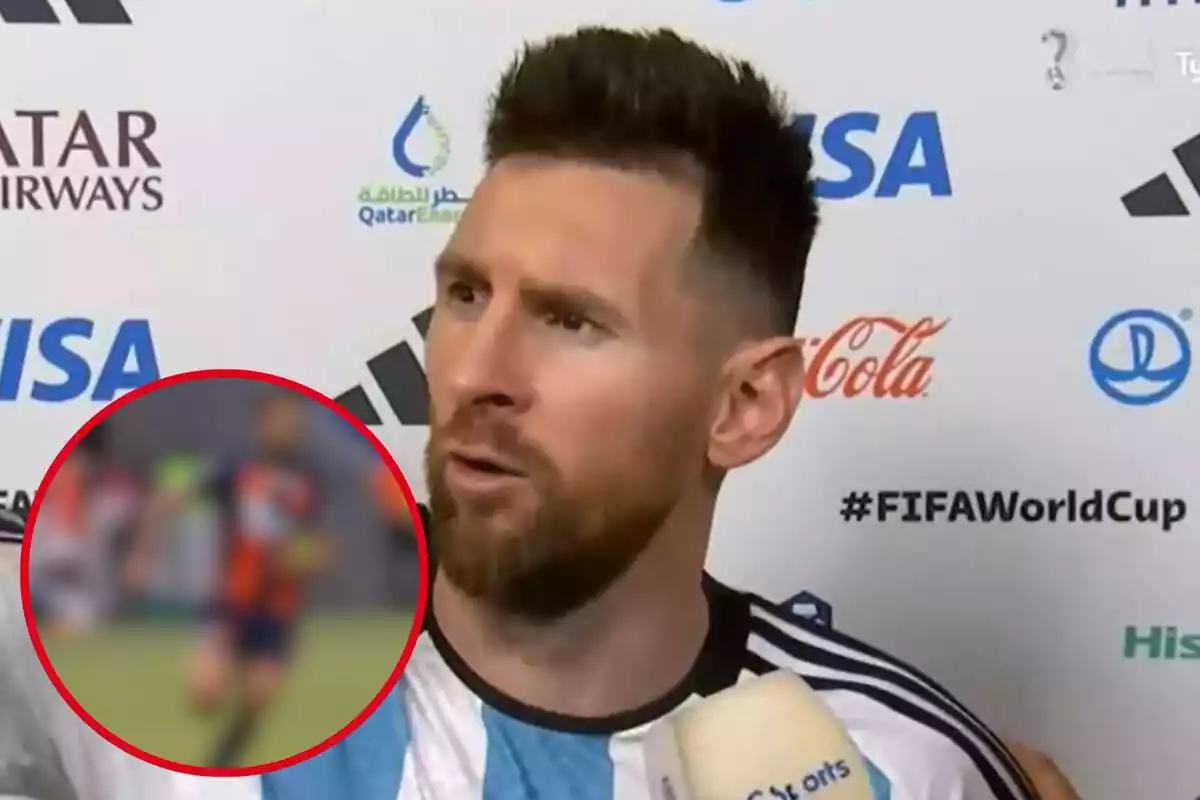 Muntatge amb una imatge de Leo Messi amb la selecció argentina atenent la premsa. A la cantonada inferior esquerra, dins d'un cercle i difuminat, el futbolista de qui parla la notícia
