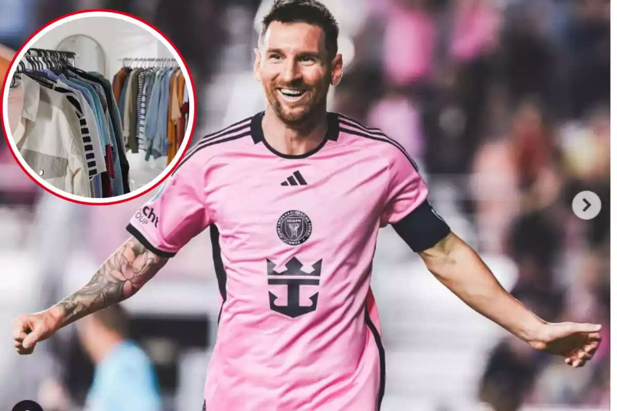 Muntatge amb una imatge de Leo Messi durant un partit. A l'esquerra una imatge amb diverses peces de roba