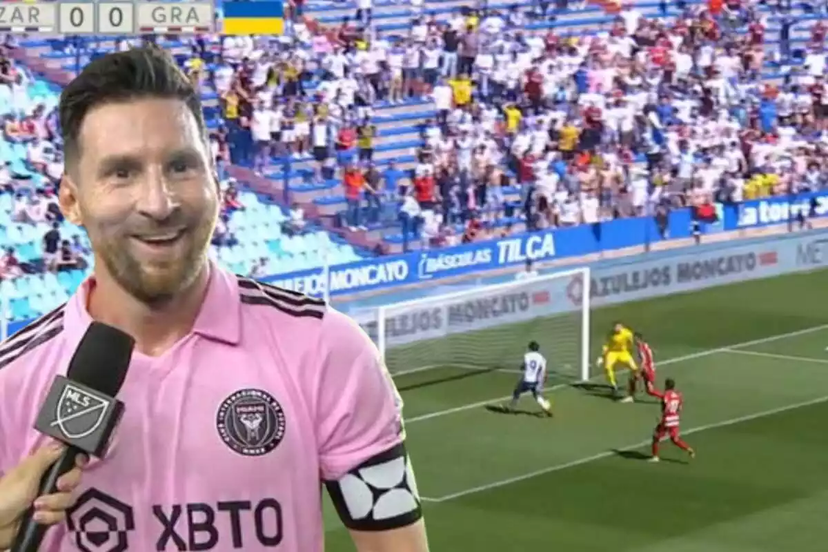 Muntatge amb Leo Messi a primer terme. De fons un partit del Reial Saragossa
