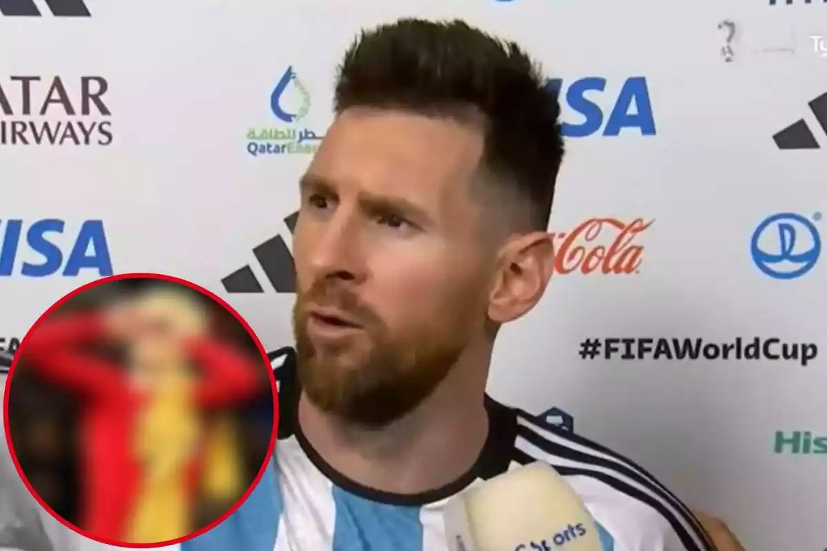 Muntatge amb una imatge de Leo Messi ia la cantonada inferior esquerra, dins d'un cercle i difuminat, el jugador referenciat a la notícia