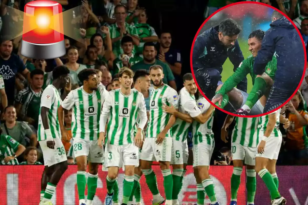 Muntatge amb l'equip del Real Betis celebrant un gol, i un cercle a dalt a la dreta amb la lesió del Chimy Ávila
