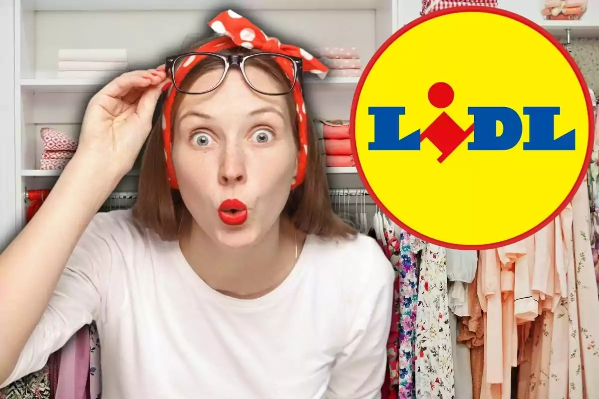 A woman with a surprised expression stands in front of a wardrobe full of clothes with the Lidl logo next to it.