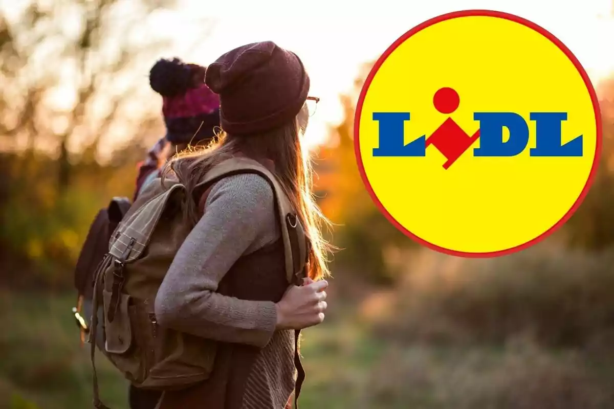 Two people with backpacks walking outdoors at sunset with Lidl logo superimposed. Two people with backpacks walking outdoors at sunset with Lidl logo superimposed.