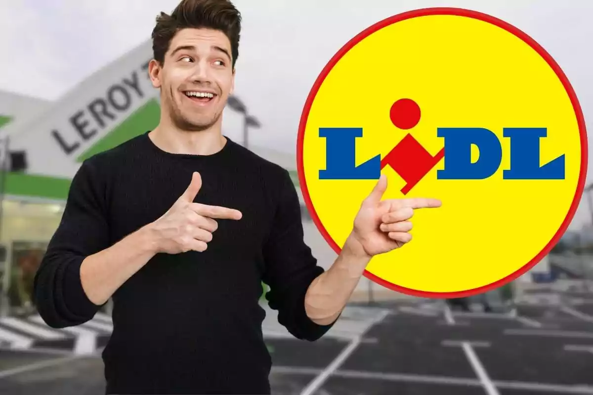 Un home somrient assenyala cap al logotip de Lidl amb un fons d'una botiga Leroy Merlin.