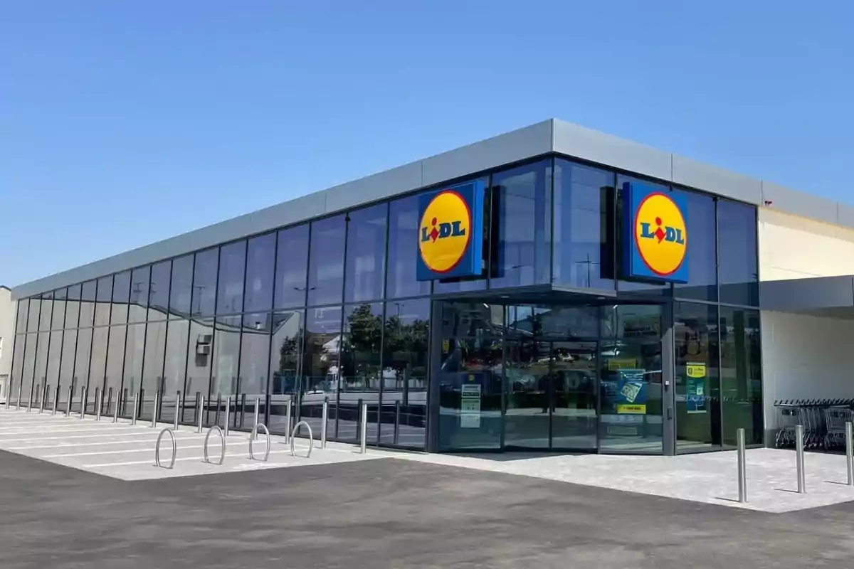 Lidl desde una perspectiva diagonal. Se muestra la esquina, de frente, de una tienda grande de polígono, con paredes acristaladas, desde la zona de parking