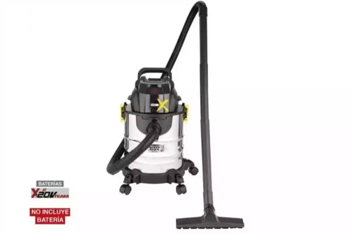 Industrial vacuum cleaner with hose and suction attachments, battery not included.