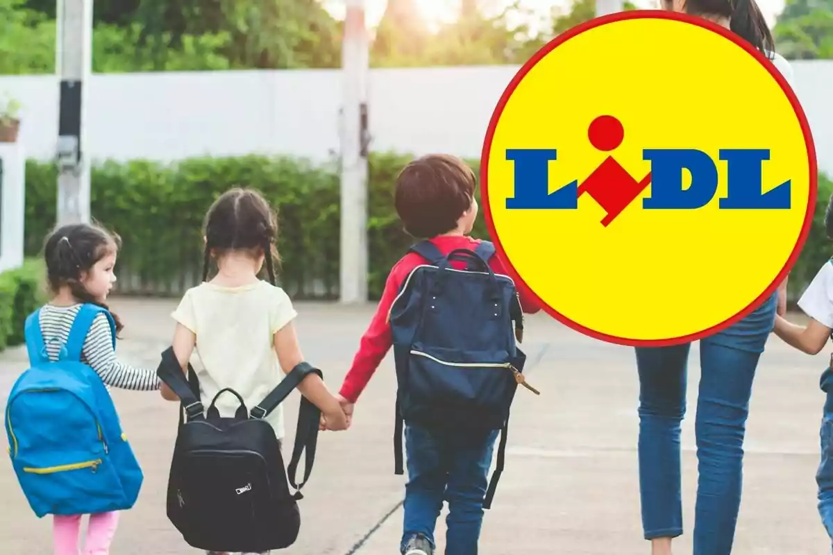 Nens amb motxilles caminant de la mà, amb el logotip de Lidl superposat a la imatge. Nens amb motxilles caminant de la mà, amb el logotip de Lidl superposat a la imatge.